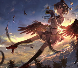 Rule 34 | 1girl, bird wings, black feathers, black hair, black skirt, black thighhighs, black wings, camera, closed mouth, collared shirt, feathers, frilled skirt, frills, full body, geta, hat, highres, holding, holding camera, looking at viewer, mountain, outdoors, pom pom (clothes), red footwear, red hat, shameimaru aya, shirt, short hair, skirt, sky, smile, solo, sunset, tami (joemanyodw), tengu-geta, thighhighs, tokin hat, touhou, white shirt, wings