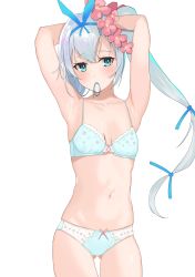 Rule 34 | 1girl, absurdres, armpits, arms behind head, arms up, bare arms, bare shoulders, blue bra, blue eyes, blue panties, bra, breasts, collarbone, cowboy shot, flower, gluteal fold, hair flower, hair ornament, hair tie in mouth, hairband, highres, long hair, looking at viewer, mouth hold, navel, panties, side ponytail, simple background, small breasts, solo, stomach, string bra, tenka hyakken, underwear, underwear only, white background, white hair, xochi (nueeen6978)