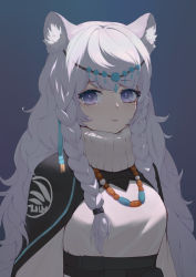 Rule 34 | 1girl, absurdres, animal ear fluff, animal ears, arknights, ayami, belt, black belt, black cape, braid, cape, closed mouth, commentary, gradient background, hair ornament, headpiece, highres, jewelry, leopard ears, long hair, multicolored eyes, necklace, pramanix (arknights), purple eyes, solo, sweater, turtleneck, turtleneck sweater, very long hair, wavy hair, white hair, white sweater