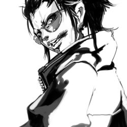 Rule 34 | 1girl, collar, evil smile, facial hair, falcoon, greyscale, long hair, long sleeves, looking at viewer, looking back, lowres, monochrome, mustache, original, smile, solo, sunglasses, upper body