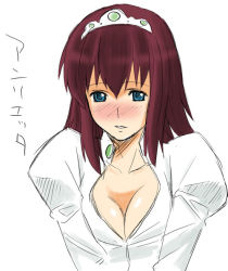 Rule 34 | 00s, 1girl, blue eyes, blush, breasts, breasts squeezed together, character name, cleavage, collarbone, crown, earrings, full-face blush, gem, henrietta de tristain, jewelry, juliet sleeves, large breasts, long sleeves, looking at viewer, puffy long sleeves, puffy sleeves, red hair, shirt, short hair, simple background, sketch, solo, tiara, toshibou (satsukisou), translated, upper body, v arms, white shirt, zero no tsukaima