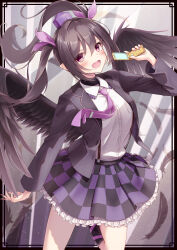 Rule 34 | 1girl, absurdres, bird wings, black feathers, black jacket, black skirt, black wings, blazer, blush, brown hair, cellphone, checkered clothes, checkered skirt, collared shirt, fang, feathered wings, feathers, frilled skirt, frills, hair between eyes, hat, highres, himekaidou hatate, holding, holding phone, jacket, long hair, long sleeves, messiah &amp; crea, necktie, open clothes, open jacket, open mouth, phone, purple eyes, purple hat, purple necktie, purple skirt, shirt, skin fang, skirt, smile, solo, tokin hat, touhou, twintails, white shirt, wings