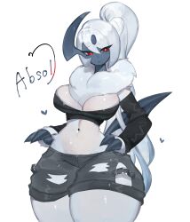 Rule 34 | 1girl, absol, bare legs, breasts, claws, cleavage, creatures (company), crop top, fluffy, fur collar, furry, furry female, game freak, gen 3 pokemon, grey fur, grey hair, grey shorts, hand on own hip, heart, horns, large breasts, long hair, looking at viewer, midriff, multicolored fur, multicolored hair, navel, nintendo, pokemon, pokemon (creature), ponytail, red eyes, shorts, single horn, tail, thick thighs, thighs, togetoge, torn clothes, torn shorts, very long hair, white fur, white hair, wide hips
