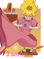 Rule 34 | 1girl, ass, blonde hair, breasts, bu55top, closed eyes, crown, dress, earrings, face in ass, gloves, goomba, high heels, highres, jewelry, large breasts, long hair, mario (series), maw-maw, nintendo, princess peach, short sleeves, super mario bros. wonder, tongue, tongue out