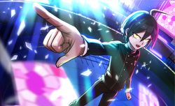 Rule 34 | 1boy, :d, ahoge, black hair, black pants, black shirt, clenched hand, danganronpa (series), danganronpa v3: killing harmony, glass shards, indoors, light rays, long sleeves, male focus, open mouth, pants, pointing, saihara shuichi, shards, shirt, sinohira rin, smile, solo, stained glass, standing, striped clothes, striped pants, striped shirt, sunlight, vertical stripes, yellow eyes