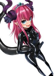 Rule 34 | 1girl, :d, ayuayu (shouyu no sato), black bodysuit, black ribbon, blue eyes, blush, bodysuit, breasts, clothes pull, curled horns, dragon tail, elizabeth bathory (brave) (fate), elizabeth bathory (fate), fang, fate/grand order, fate (series), foreshortening, hair ribbon, hairband, horns, latex, latex suit, long hair, looking at viewer, looking to the side, open mouth, pink hair, pointy ears, pulling own clothes, ribbon, shiny clothes, shoes, sidelocks, skin tight, small breasts, smile, solo, spiked shoes, spikes, tail, tiara, two side up, white background