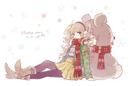 Rule 34 | 1girl, black pantyhose, blonde hair, boots, bow, candy, earmuffs, food, gradient hair, hair bow, inko (mini), jacket, lollipop, messy hair, mouth hold, multicolored hair, original, oversized object, pantyhose, pink hair, pleated skirt, red scarf, scarf, sitting, skirt, solo, stuffed animal, stuffed toy, sweater, teddy bear, twintails, yellow skirt