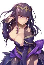 Rule 34 | 1girl, bangle, black hair, bodystocking, bodysuit, bracelet, breasts, bridal gauntlets, cape, cleavage, covered navel, dress, fire emblem, fire emblem awakening, fire emblem heroes, jewelry, large breasts, leaning forward, long hair, looking at viewer, nintendo, purple eyes, purple hair, sajittari, simple background, skin tight, smile, solo, standing, tharja (bridal) (fire emblem), tharja (fire emblem), tiara, torn clothes, two side up, wedding dress, white background
