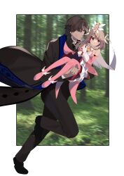 Rule 34 | 1boy, 1girl, ascot, bare shoulders, black coat, black eyes, black footwear, black pants, black suit, blush, boots, breasts, brown hair, cape, carrying, coat, dress, elbow gloves, fate/grand order, fate/kaleid liner prisma illya, fate (series), feather hair ornament, feathers, forest, formal, gloves, hair ornament, highres, illyasviel von einzbern, layered gloves, light brown hair, long hair, long sleeves, magical ruby, nature, pants, pei iriya, pink dress, pink footwear, pink gloves, priest, princess carry, prisma illya, rasputin (fate), red eyes, running, short hair, sidelocks, skirt, small breasts, stole, suit, thigh boots, two side up, wand, white cape, white gloves, white skirt