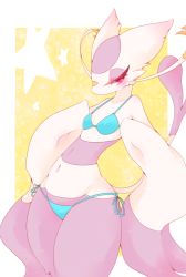 Rule 34 | 10s, 1girl, bikini, blue bikini, breasts, clothed pokemon, collarbone, creatures (company), cropped legs, furry, furry female, game freak, gen 5 pokemon, koshousen, mienshao, navel, nintendo, pink eyes, pokemon, pokemon (creature), pokemon bw, side-tie bikini bottom, small breasts, solo, swimsuit, tail, thick thighs, thighs