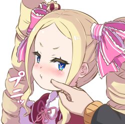 Rule 34 | 1boy, 1girl, :t, beatrice (re:zero), blonde hair, blue eyes, butterfly-shaped pupils, capelet, cheek poking, closed mouth, commentary request, crown, drill hair, fur-trimmed capelet, fur trim, hair ribbon, long hair, looking at viewer, mini crown, natsuki subaru, pink ribbon, poking, pout, re:zero kara hajimeru isekai seikatsu, red capelet, ribbon, s (hdru2332), sidelocks, simple background, symbol-shaped pupils, track suit, twin drills, upper body, white background