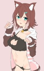 Rule 34 | 1girl, animal ears, aqua eyes, blush, breasts, brown hair, cat ears, cat lingerie, clearite, cleavage, cleavage cutout, clothing cutout, crotch, fish hair ornament, fumino tamaki, hair ornament, hood, hoodie, large breasts, long sleeves, looking at viewer, meme attire, midriff, navel, nijisanji, open clothes, open hoodie, paw pose, short hair, smile, solo, virtual youtuber