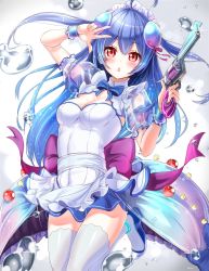 Rule 34 | 1girl, apron, back bow, blue bow, blue bowtie, blue hair, blue skirt, blush, bow, bowtie, breasts, cleavage, floating hair, fuku kitsune (fuku fox), gun, hair between eyes, hair ribbon, highres, holding, holding gun, holding weapon, leg up, long hair, looking at viewer, maid, maid headdress, medium breasts, miniskirt, noa (shironeko project), open mouth, pleated skirt, purple bow, purple ribbon, red eyes, ribbon, see-through, shironeko project, short sleeves, skirt, solo, sparkle, thighhighs, w, waist cape, weapon, white apron, white thighhighs, wrist cuffs