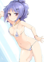 Rule 34 | 1girl, adjusting clothes, adjusting swimsuit, armpits, bare shoulders, bikini, blush, bracelet, breasts, cleavage, covered erect nipples, earrings, groin, hair ornament, hairclip, highres, homura subaru, jewelry, looking at viewer, medium breasts, necklace, original, ponytail, purple eyes, purple hair, scrunchie, shiny skin, smile, solo, standing, standing on one leg, striped bikini, striped clothes, swimsuit