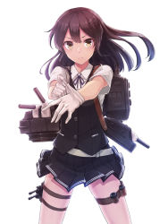 Rule 34 | 10s, 1girl, adjusting clothes, adjusting gloves, belt, black hair, bright background, brown eyes, brown hair, cowboy shot, depth charge, gloves, hair ornament, hairclip, kantai collection, konnyaku (kk-monmon), legs apart, long hair, looking at viewer, machinery, neck ribbon, oyashio (kancolle), pleated skirt, ribbon, school uniform, short sleeves, simple background, skirt, solo, thigh strap, turret, vest, white background, white gloves