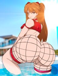 Rule 34 | 1girl, ass, blue eyes, breasts, choker, curvy, female focus, fishnets, highres, huge ass, long hair, looking at viewer, looking back, medium breasts, neon genesis evangelion, pool, solo, souryuu asuka langley, thick thighs, thighs, thong, tight clothes, wide hips, zonen404