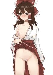 Rule 34 | 1girl, :/, absurdres, alternate costume, arm at side, armpit crease, blush, bow, breasts, brown eyes, brown hair, closed mouth, clothes down, clothes lift, collarbone, covered erect nipples, cowboy shot, embarrassed, flashing, foreshortening, frilled bow, frilled hair tubes, frills, full-face blush, furrowed brow, groin, hair between eyes, hair bow, hair tubes, hakama, hakama lift, hakama skirt, hakurei reimu, hand up, highres, huangyou, japanese clothes, kimono, large bow, large breasts, lifted by self, long hair, long sleeves, looking away, looking to the side, maebari, miko, navel, no bra, no panties, off shoulder, ofuda, ofuda on nipples, ofuda on pussy, one breast out, pasties, red bow, red hakama, ribbon-trimmed sleeves, ribbon trim, see-through, simple background, skirt, sleeves past fingers, sleeves past wrists, solo, standing, stomach, sweat, touhou, white background, white kimono, wide sleeves