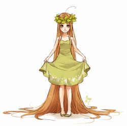 Rule 34 | 1girl, absurdly long hair, ahoge, bare arms, brown eyes, brown hair, curtsey, dress, food-themed clothes, freckles, full body, green dress, green tea, head wreath, leaf, light brown hair, light smile, long hair, meago, original, personification, signature, simple background, sketch, smile, solo, tea, very long hair, white background