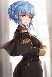 Rule 34 | 1girl, blue hair, braid, breasts, brown eyes, capelet, crown braid, fire emblem, fire emblem: three houses, french braid, garreg mach monastery uniform, gonzarez, highres, large breasts, looking to the side, marianne von edmund, nintendo, open mouth, own hands clasped, own hands together, sidelocks