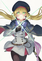 Rule 34 | 1girl, arm at side, artoria caster (fate), artoria caster (second ascension) (fate), artoria pendragon (fate), belt, black gloves, black hat, black pantyhose, blonde hair, bow, bowtie, breasts, brown belt, buttons, capelet, commentary request, double-breasted, dress, fate/grand order, fate (series), floating hair, frown, gloves, green eyes, hair ribbon, hand up, hat, highres, holding, holding staff, jacket, light rays, long hair, long sleeves, looking at viewer, o-ring, o-ring belt, pantyhose, purple bow, red skirt, ribbon, simple background, skirt, solo, staff, twintails, white background, white jacket, white skirt, yunar