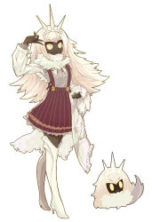 Rule 34 | 1girl, boots, bug, coat, dark skin, dress, eyulen, full body, high heels, highres, hollow knight, insect, legs, long hair, looking at viewer, moth, personification, radiance (hollow knight), simple background, skirt, smile, standing, symbol-shaped pupils, thigh boots, thighhighs, tiara, v, white background, white hair, white thighhighs, yellow eyes