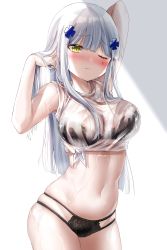 Rule 34 | 1girl, ;(, absurdres, alternate costume, armpits, arms up, bad id, bad pixiv id, black bra, black panties, blunt bangs, blush, bra, breasts, cleavage, closed mouth, cowboy shot, crop top, facial mark, girls&#039; frontline, green eyes, hair ornament, hands in hair, highres, hk416 (girls&#039; frontline), honyang, large breasts, long hair, navel, nose blush, panties, shirt, silver hair, simple background, skindentation, sleeveless, solo, stomach, straight hair, tied shirt, underwear, water, white background