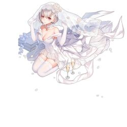Rule 34 | 1girl, bare shoulders, bison cangshu, blush, breasts, bridal veil, champagne flute, choker, cleavage, closed mouth, covered navel, cup, dress, drink, drinking glass, earrings, elbow gloves, flower, full body, girls&#039; frontline, gloves, hair between eyes, jewelry, kneeling, large breasts, looking at viewer, official alternate costume, official art, red eyes, rmb-93 (girls&#039; frontline), rmb-93 (moonlit lover beyond reach) (girls&#039; frontline), rose, seiza, short hair, simple background, sitting, smile, solo, star (symbol), thighhighs, transparent background, veil, weapon case, wedding dress, white choker, white dress, white flower, white gloves, white hair, white rose, white thighhighs