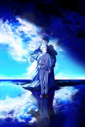 Rule 34 | 2boys, back-to-back, blue eyes, blue sky, cloak, closed mouth, cloud, commentary, day, highres, holding, horizon, long sleeves, looking down, multiple boys, norman (yakusoku no neverland), pants, reflection, reflective water, ripples, sad smile, shadow, shirt, shoes, sky, smile, string phone, walking, walking on liquid, water, water surface, water world, white hair, white shirt, yakusoku no neverland, yala1453