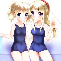 Rule 34 | 10s, 2girls, alice cartelet, blonde hair, blue eyes, competition school swimsuit, covered navel, faubynet, hair ornament, hairclip, highres, kin-iro mosaic, kujou karen, long hair, md5 mismatch, multiple girls, old school swimsuit, one-piece swimsuit, ponytail, school swimsuit, short hair, sitting, swimsuit, twintails, v, x hair ornament