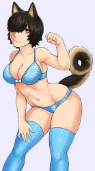Rule 34 | 1girl, :3, animal ears, bare shoulders, begging, black hair, bow, bra, breasts, cleavage, dog ears, dog girl, dog tail, highres, ittla, monster girl, orange eyes, panties, patterned, patterned clothing, smile, solo, standing, tail, thick thighs, thighhighs, thighs, underwear, wide hips