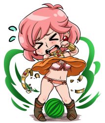Rule 34 | 1girl, blush, bra, breasts, cleavage, commentary request, dress, final fantasy, final fantasy v, food, fruit, jewelry, lenna charlotte tycoon, open mouth, orange shirt, panties, pink hair, shirt, short hair, solo, underwear, watermelon, yuuya (blue scarab)