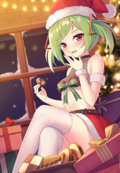 Rule 34 | 1girl, bare shoulders, belt, black belt, black choker, blush, bow, box, breasts, choker, christmas, christmas tree, cookie, crossed legs, delutaya, diagonal bangs, food, fur-trimmed headwear, fur trim, gift, gift box, green bow, green hair, hand to own mouth, hat, heart-shaped box, highres, holding, holding food, icwine, indie virtual youtuber, indoors, long hair, looking at viewer, midriff, miniskirt, navel, night, red hat, red skirt, santa costume, santa hat, see-through, sitting, skirt, small breasts, smile, snowing, solo, thighhighs, underboob, virtual youtuber, white thighhighs, window