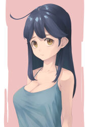 1girl alternate_costume black_hair blue_camisole breasts brown_eyes camisole cleavage hair_flaps highres kantai_collection large_breasts long_hair neko_no_hige pink_background solo upper_body ushio_(kancolle)