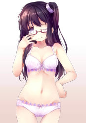 Rule 34 | 1girl, 54hao, ;), bare arms, bare shoulders, black hair, bow, bow bra, bow panties, bra, breasts, cleavage, closed mouth, collarbone, commentary request, fingernails, glasses, gluteal fold, groin, hair between eyes, hair ornament, hair scrunchie, hand on own hip, hand up, head tilt, highres, long hair, looking at viewer, medium breasts, navel, one eye closed, one side up, original, panties, pink bra, pink panties, purple eyes, purple scrunchie, red-framed eyewear, scrunchie, semi-rimless eyewear, smile, solo, under-rim eyewear, underwear, underwear only