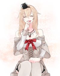 Rule 34 | 10s, 1girl, :d, ^ ^, bad id, bad pixiv id, blonde hair, closed eyes, crown, dress, closed eyes, flower, garter straps, hairband, highres, jewelry, kantai collection, kokuya, laughing, long hair, long sleeves, mini crown, necklace, off-shoulder dress, off shoulder, open mouth, red flower, red ribbon, red rose, ribbon, rose, sitting, smile, solo, thighhighs, warspite (kancolle), white thighhighs