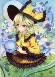 Rule 34 | 10s, 1girl, 2016, :o, blue rose, bow, dated, embellished costume, floral print, flower, frilled bow, frilled shirt collar, frilled sleeves, frills, green eyes, green hair, hat, hat bow, komeiji koishi, long sleeves, matching hair/eyes, mosho, open mouth, rose, rose print, shirt, skirt, solo, sparkle, third eye, touhou, traditional media, wide sleeves