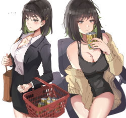 Rule 34 | ..., 1girl, alcohol, bag, bare shoulders, beer, beer can, black hair, blush, breasts, brown eyes, can, cleavage, colored inner hair, dress, drink can, earrings, green hair, highres, jacket, jewelry, large breasts, long sleeves, medium hair, miru (ormille), mole, mole on breast, mole under eye, multicolored hair, necklace, off shoulder, office lady, original, ormille, shopping basket, simple background, spaghetti strap, stud earrings, swept bangs, tote bag, two-tone hair, white background