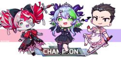 Rule 34 | 1boy, 2girls, absurdres, ahoge, apex legends, apricot the lich, apricot the lich (1st costume), apron, black dress, blue eyes, blue hair, bsapricot, chibi, colored skin, commentary, crossdressing, double bun, dress, english commentary, facial hair, fang, fangs, fingerless gloves, gloves, green eyes, green hair, grey hair, grey skin, hair behind ear, hair bun, highres, holding, holding sword, holding weapon, hololive, hololive indonesia, horns, kureiji ollie, kureiji ollie (1st costume), maid, maid apron, multicolored hair, multiple girls, multiple horns, patchwork skin, pink dress, pink hair, pointy ears, red gloves, red hair, rpr, scarz, short hair with long locks, skin fang, smile, stitched face, stitches, streaked hair, stubble, sword, tiara, torn clothes, torn dress, twitter username, v-shaped eyebrows, virtual youtuber, vshojo, weapon, zombie