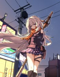 Rule 34 | 1girl, absurdres, arknights, arms behind back, black socks, black sweater, blue skirt, blush, feet out of frame, floating hair, gaoling gangqin, grey hair, highres, holding, holding staff, long hair, looking at viewer, mulberry (arknights), night, night sky, outdoors, plaid, plaid skirt, pleated skirt, power lines, purple eyes, road sign, sign, skindentation, skirt, sky, smile, socks, solo, staff, sweater, thigh strap, traffic light, utility pole, very long hair, weapon behind back