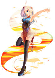 Rule 34 | 1girl, :3, arm behind head, black thighhighs, blonde hair, blue eyes, china dress, chinese clothes, clog sandals, dress, highres, iltusa, leg up, long hair, okobo, original, outstretched arm, platform footwear, sandals, see-through, solo, standing, standing on one leg, thighhighs
