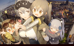 Rule 34 | 4girls, absurdres, aged down, aged up, bandaid, bandaid on face, bandaid on nose, black hairband, blunt bangs, breasts, brown hair, candy, carrying, city, cityscape, closed eyes, coat, eyewear on head, food, g11 (girls&#039; frontline), girls&#039; frontline, grey eyes, grey hair, hair between eyes, hair ornament, hairband, highres, hk416 (girls&#039; frontline), holding, holding candy, holding food, holding lollipop, large breasts, layered sleeves, lollipop, long hair, long sleeves, multiple girls, night, open mouth, piggyback, scar, scar across eye, scar on face, shirt, short over long sleeves, short sleeves, sleeves past wrists, thighhighs, tianliang duohe fangdongye, ump45 (girls&#039; frontline), ump9 (girls&#039; frontline), white legwear, white shirt, yellow eyes