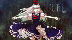 Rule 34 | 1girl, blue dress, blue hair, circle skirt, dress, egawa satsuki, english text, female focus, frilled dress, frills, gradient background, grey theme, hat, kamishirasawa keine, looking at viewer, multicolored hair, outstretched arms, red eyes, solo, standing, text focus, touhou, two-tone hair