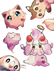 Rule 34 | :d, alcremie, animal focus, bird, blue eyes, closed eyes, commentary request, creatures (company), ditto, fake halo, food, fruit, furret, game freak, gen 1 pokemon, gen 2 pokemon, gen 7 pokemon, gen 8 pokemon, halo, hanabusaoekaki, heart, highres, jigglypuff, nintendo, no humans, open mouth, owl, pokemon, pokemon (creature), rowlet, simple background, sleeping, smile, solid oval eyes, strawberry, white background