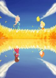 Rule 34 | 2boys, 2girls, abstract, artist name, blonde hair, blue dress, blue sky, brown hair, claus (mother 3), closed eyes, cloud, commentary, crown, dress, english commentary, field, flower, flower field, highres, hinawa, long hair, lopuii, lucas (mother 3), luma (mario), mario (series), mother (game), mother 3, mother and son, motherly, multiple boys, multiple girls, multiple views, nintendo, open mouth, orange hair, petals, red dress, rosalina, signature, sky, smile, sunflower, sunflower field, sunflower petals, super mario galaxy, super smash bros., upside-down, watermark