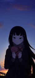 Rule 34 | 1girl, absurdres, aqua eyes, backlighting, black hair, blunt bangs, blush, bow, box, closed mouth, cloud, coat, commentary, english commentary, evening, gift, gradient sky, hair ornament, hairclip, heart, heart-shaped box, highres, holding, holding box, holding gift, horizon, kurosawa dia, long hair, long sleeves, looking at viewer, love live!, love live! sunshine!!, mole, mole under mouth, outdoors, ribbon, scarf, scenery, sky, smile, solo, star (sky), sunset, tie clip, unsfrau, valentine