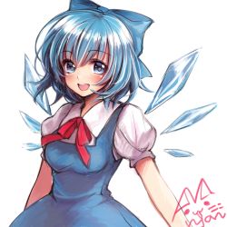 Rule 34 | 1girl, :d, blue dress, blue eyes, blue hair, blush, bow, breasts, cirno, dress, hair bow, highres, ice, ice wings, looking at viewer, matching hair/eyes, medium breasts, mii@chiffonx, open mouth, puffy short sleeves, puffy sleeves, red ribbon, ribbon, short hair, short sleeves, signature, simple background, smile, solo, teeth, touhou, upper body, white background, wings