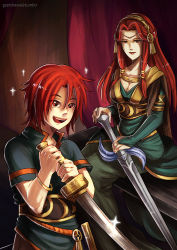 Rule 34 | bracelet, fire emblem, fire emblem: the sacred stones, gzei, holding, holding sword, holding weapon, ismaire (fire emblem), jewelry, joshua (fire emblem), long hair, mother and son, nintendo, red hair, smile, spiked hair, sword, weapon, aged down
