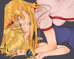 Rule 34 | 2girls, alternate costume, bad id, bad pixiv id, bare arms, black background, blonde hair, blue dress, blush, breasts, breath, commentary, cuffs, dress, eye contact, fang, fingernails, green eyes, hand in another&#039;s hair, highres, horns, hoshiguma yuugi, imminent kiss, long hair, looking at another, lying, medium breasts, mizuhashi parsee, multiple girls, on back, open mouth, parted lips, pointy ears, red eyes, shackles, shirt, short hair, short sleeves, sibata maru, simple background, single horn, sleeveless, sleeveless dress, star (symbol), touhou, upper body, very long hair, white shirt, yuri