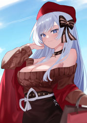 Rule 34 | 1girl, absurdres, adjusting hair, aran sweater, azur lane, belfast (azur lane), belfast (shopping with the head maid) (azur lane), beret, blue eyes, blue sky, breasts, brown skirt, brown sweater, cable knit, cleavage, detached collar, grey hair, hat, highres, large breasts, light smile, long hair, looking at viewer, off-shoulder sweater, off shoulder, official alternate costume, pencil skirt, red hat, red shawl, shawl, skirt, sky, solo, sweater, very long hair, waka (user unuj5373)