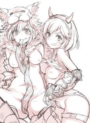 Rule 34 | 10s, 2girls, alternate costume, berserker (granblue fantasy), blush, breasts, clenched teeth, clothes lift, commentary request, convenient censoring, djeeta (granblue fantasy), fake horns, fangs, frontal wedgie, gauntlets, granblue fantasy, horns, looking at viewer, medium breasts, monochrome, mouth hold, multiple girls, nikke (cherish), nude, ogre (granblue fantasy), oni horns, panty tug, pelt, shirt lift, short hair, simple background, small areolae, teeth, thigh strap, wedgie, white background